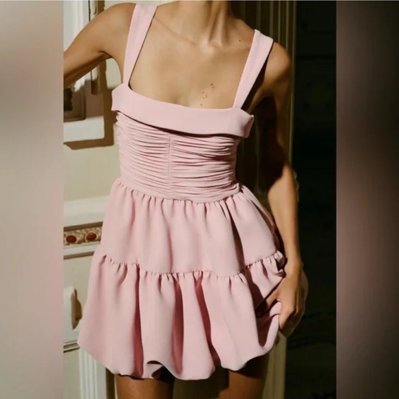 ZARA DRAPED BALLOON MINI DRESS WEDDING GUEST BEIGE PINK SMALL 3435/324 - Picture 2 of 9